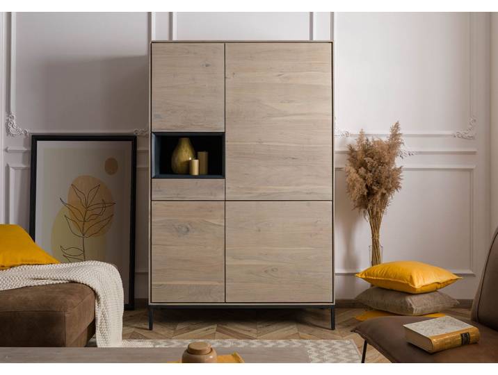 Highboard Akazie 111x45x175 grau-weiß geölt CHICAGO #09