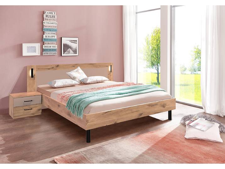 Beleuchtetes Bettgestell Belgrad 180 x 200cm Spanplatte, foliert Holz/Braun Eiche