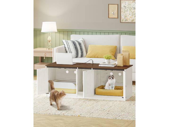 Armoire pour chat avec ports USB et prises, armoire pour bac à litière, bac à litière caché pour 2 chats, maison pour chat d'intérieur avec cloche pour chat