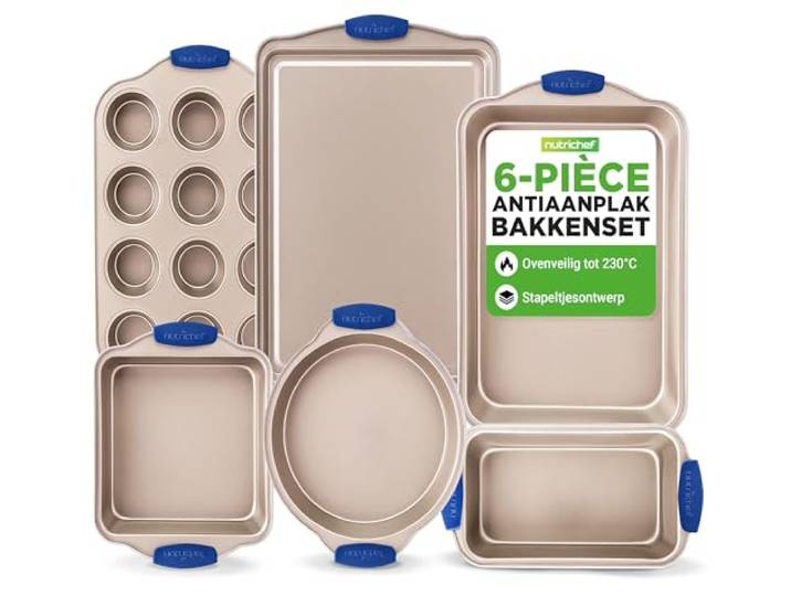 NutriChef Bakvormen Set - 6-delige Anti-aanbak Bakplaten van Koolstofstaal - Hittebestendige Siliconen Handvatten - Inclusief Broodvorm,Muffinvorm,Ronde/Vierkante Braadpannen,Bakplaat