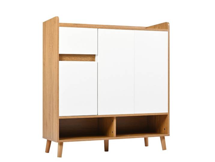 SCHUHSCHRANK in Weiß & Natur mit Massivholzbeinen & Push-to-Open-Funktion
