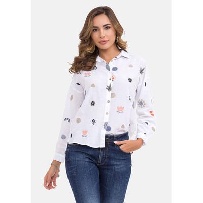 Hemdbluse CIPO & BAXX "WH130", Damen, Gr. S, weiß, 75% Baumwolle, 25% Leinen, geblümt, relaxed fit normal, mit Knopf 1-Knopf-Manschette, Blusen Hemdbluse, mit Freizeit Frühlingsmuster