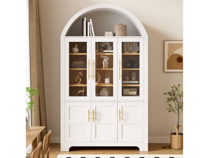 VUENOR Vitrine buffet haut 110 x 40 x 185 cm blanche – 3 portes vitrées et étagères réglables