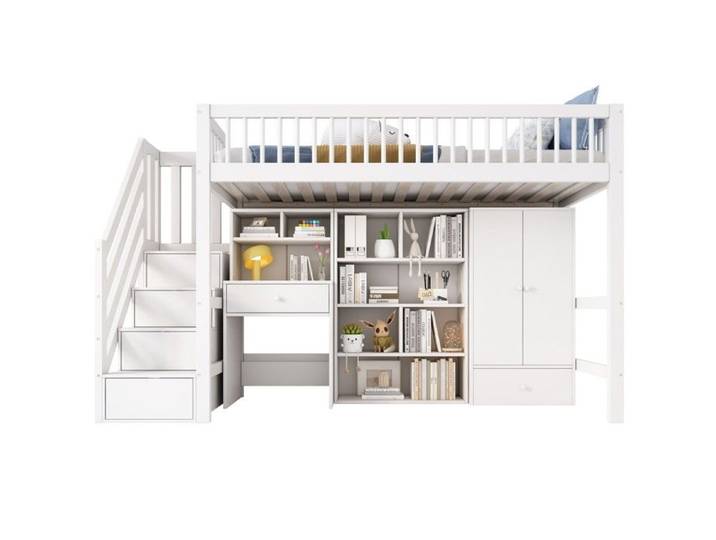 Lit Mezzanine Enfant Blanc 90x200cm-Bois Massif MDF-Bureau Escalier Casiers Armoire-Multifonctionnel sans Matelas