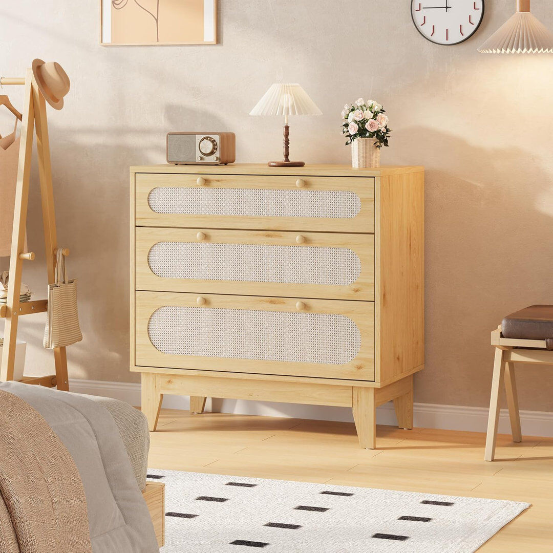 Blue Elephant Modern Rattan Nightstand, Narrow Farmhouse Accent Cabinet Yellow/Beige/Yellow 79.2cm H X 39.9cm W X 80cm D