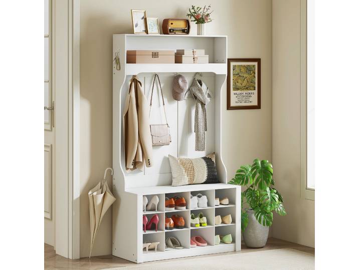 HOMCOM Porte-Manteau Banc et Étagère à Chaussures Blanc
