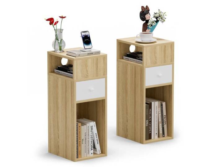 VOUNOT® Lot de 2 Table de chevet étroite avec 1 tiroir et 2 compartiments ouverts - 30x25x66cm - table de nuit moderne - naturel
