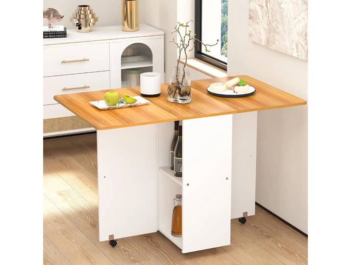 Table pliante avec roulettes, étagère, table à manger extensible en bois, table à manger mobile pliante en bois, gain de place, marron jaune