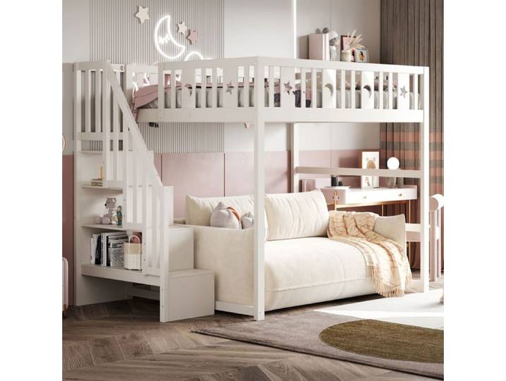 Lit Mezzanine Enfant 140x200 Blanc Bois Massif Escalier et Barrière Sécurité Déco Étoile Lune - Sans Matelas