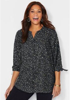 Plus Size Women's Georgette Buttonfront Tie Sleeve Cafe Blouse by Catherines in Black Gold Ditsy Stars (Size 0XWP)