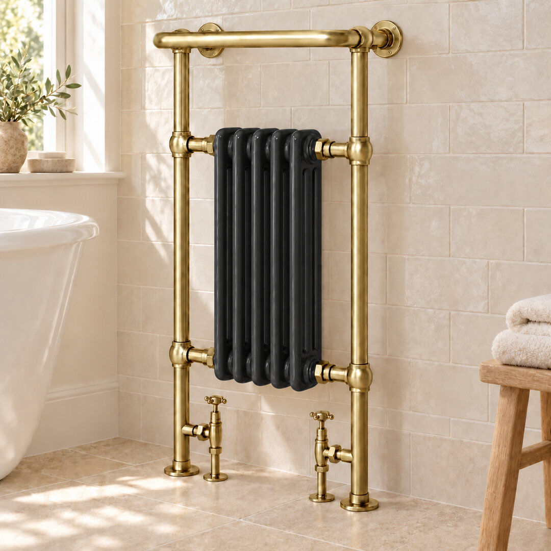 White Stone Traditional Towel Rail Heated Towel Rails Black/Gold 93cm H X 50cm W X 23cm D