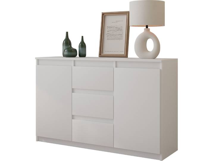 FURNICA - MIKEL - Commode / Sideboard avec 3 tiroirs et 2 portes - Blanc Mat H75cm L120cm P35cm