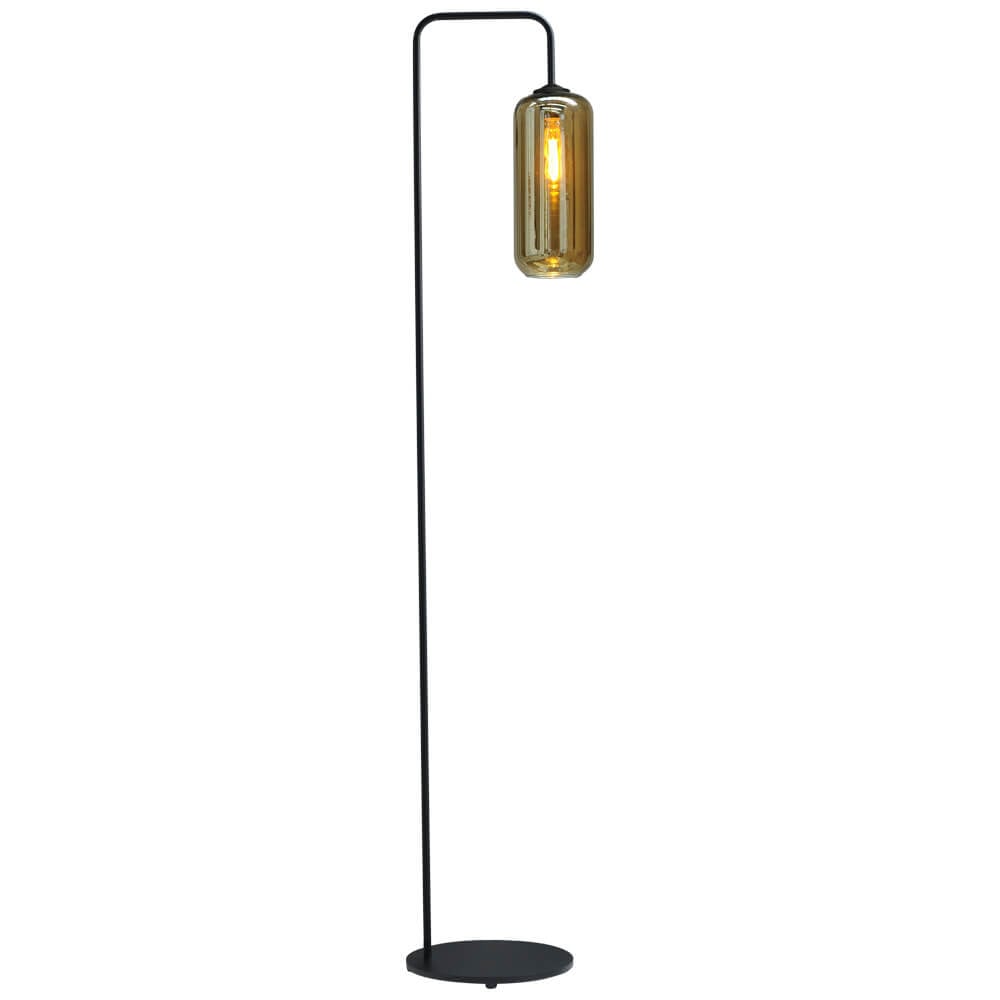 Masterlight Quinto vloerlamp met zwart metalen voet en transparante cilindrische glazen kap