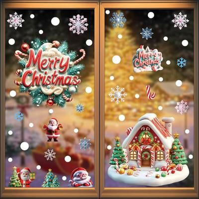 Inspire Daily Merch Reusable Christmas PVC Static Glass Stickers No Glue Snowman Santa Tree Xmas Window Decor For Home Party Store snow House 20x30cm