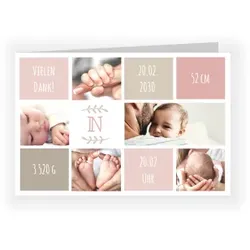 Dankeskarte Baby: Baby Initiale mit Fotos in Rosa