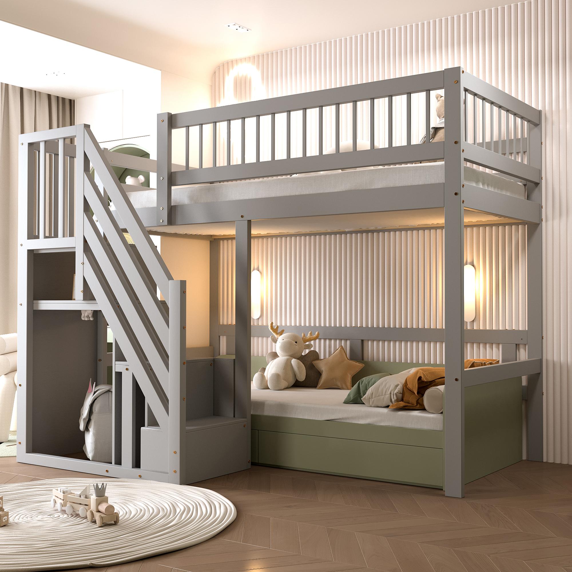 Hochbett 90x200 cm mit Stauraumtreppe und Schränken, hohe Umrandung, Platz für Schreibtisch oder Sofa, Kiefernholz, Weiß/Grau