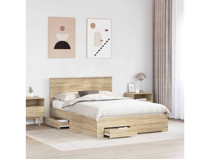KTHLBRH Bettgestell Eiche Sonoma 140 x 190 cm Mit Kopfteil, Schubladen zum Aufbewahren, aus technischem Holz, einfach zu montieren