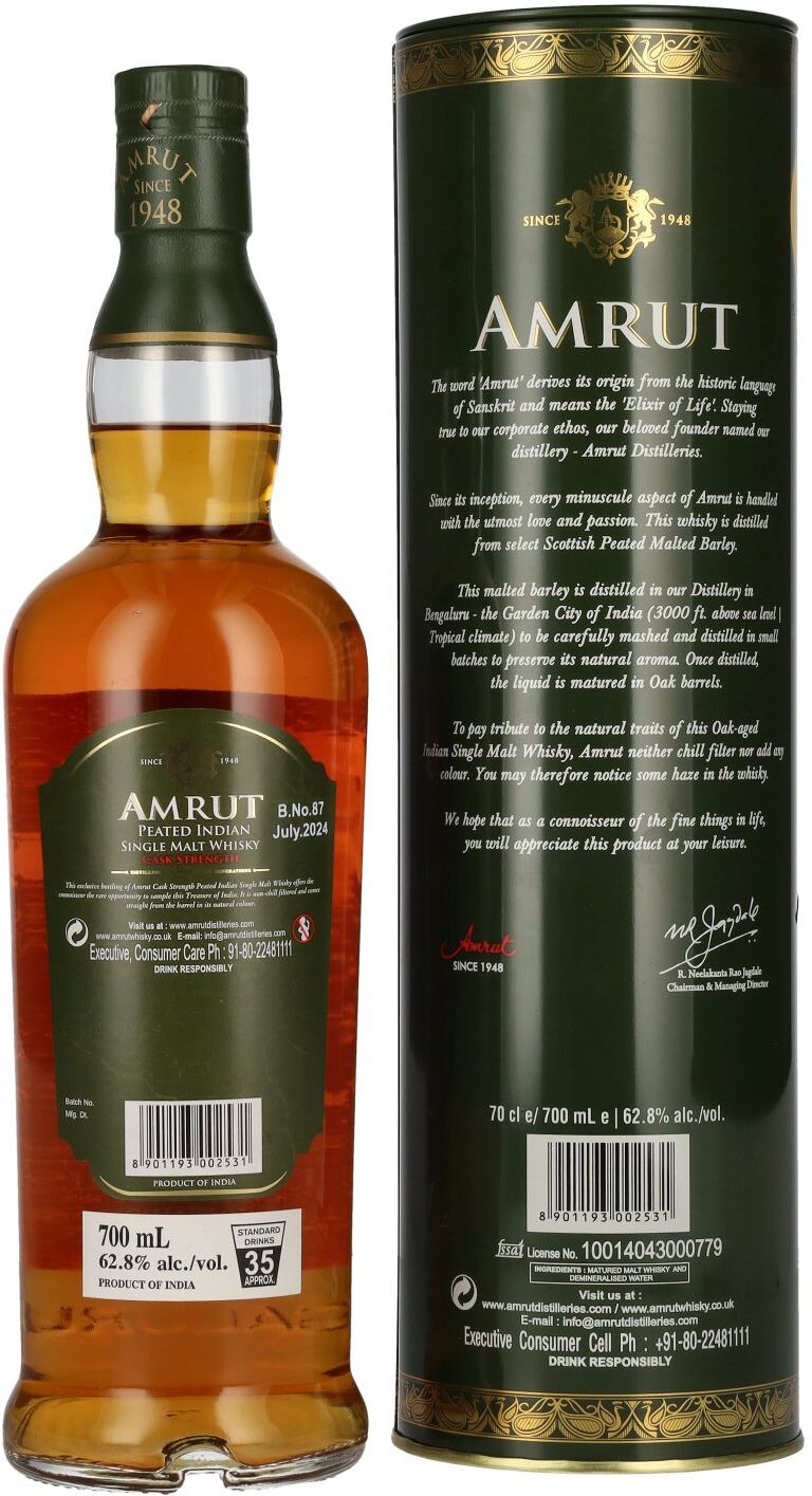 Amrut Whisky Amrut PEATED Indian Single Malt Whisky CASK STRENGTH 62,8% Vol. 0,7l in Tinbox