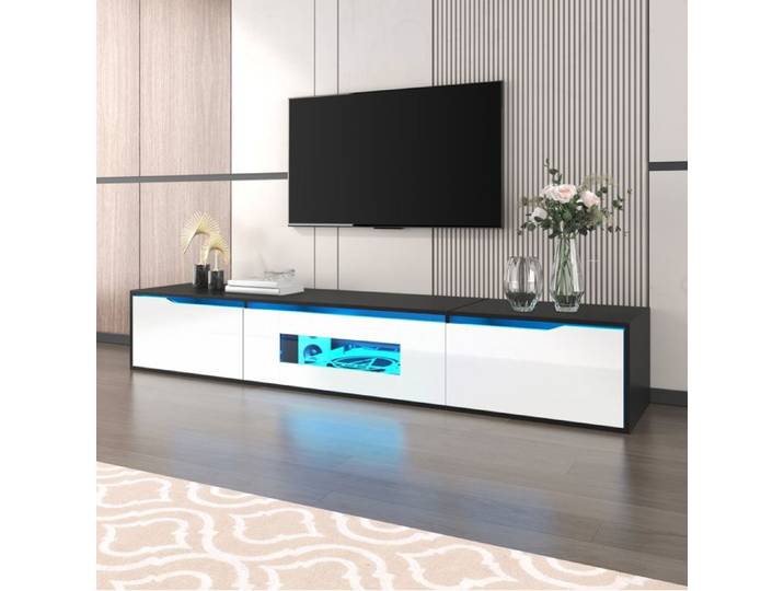 Meuble TV - SENVIRO moderne brillant LED 180x35x30cm noir blanc