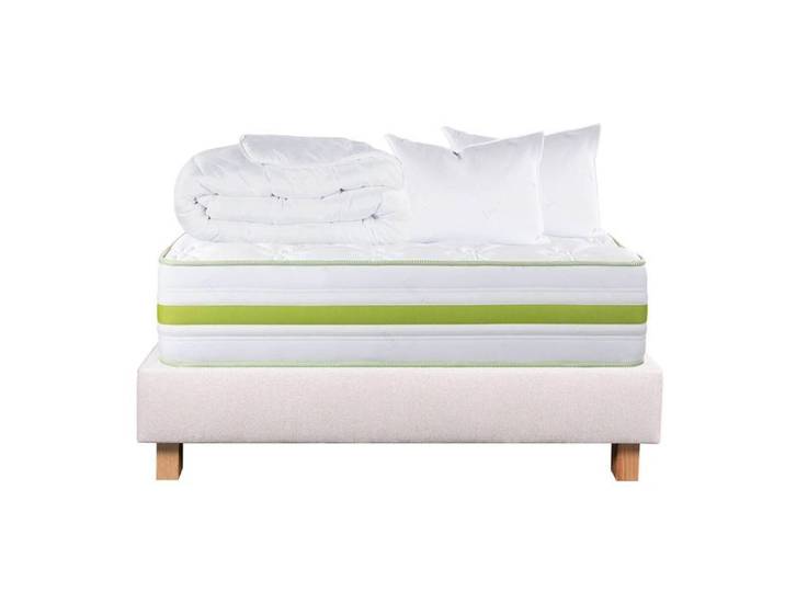 REVA - Pack Matelas + Sommier Tapissier Beige 160x200 cm + 2 Oreillers + 1 Couette