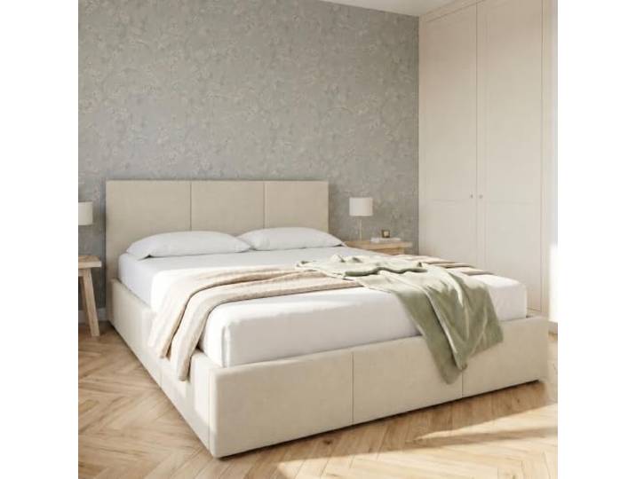 Home Collective Doppelbett Polsterbett 180x200 cm Beige Bettgestell mit Lattenrost & Stauraum Kopfteil mit 3 Paneelen weicher Samt
