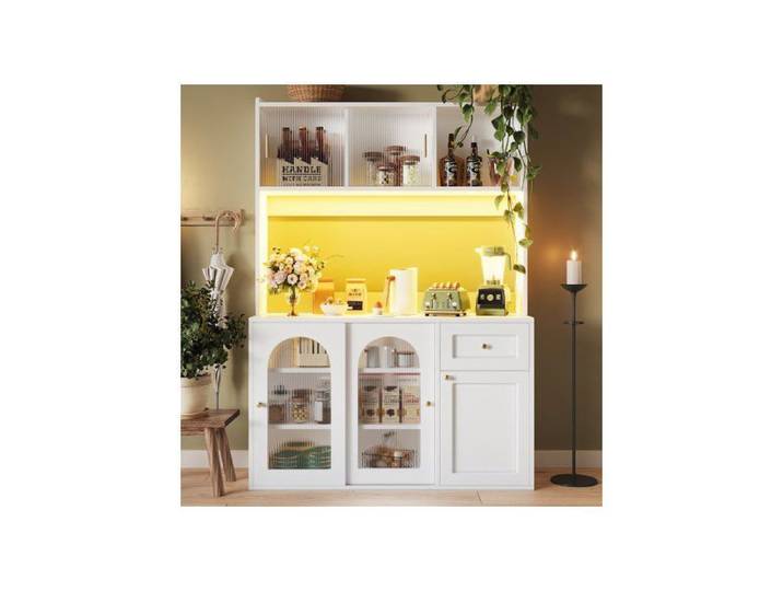 Buffet Haut Blanc avec LED Vaisselier Armoire Moderne en MDF avec Vitrines Étagères Réglables et Tiroirs 120x35x167cm