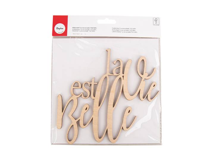 Holzschrift La vie est belle , FSC 100%, 18,2x17,5x0,4cm, SB-Btl 1Stück