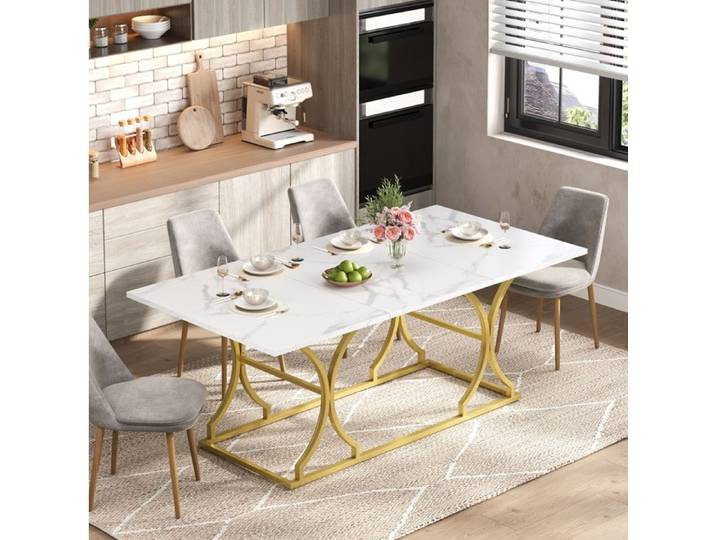 SENVIRO table de salle a manger design marbre 200x80x76cm blanc or