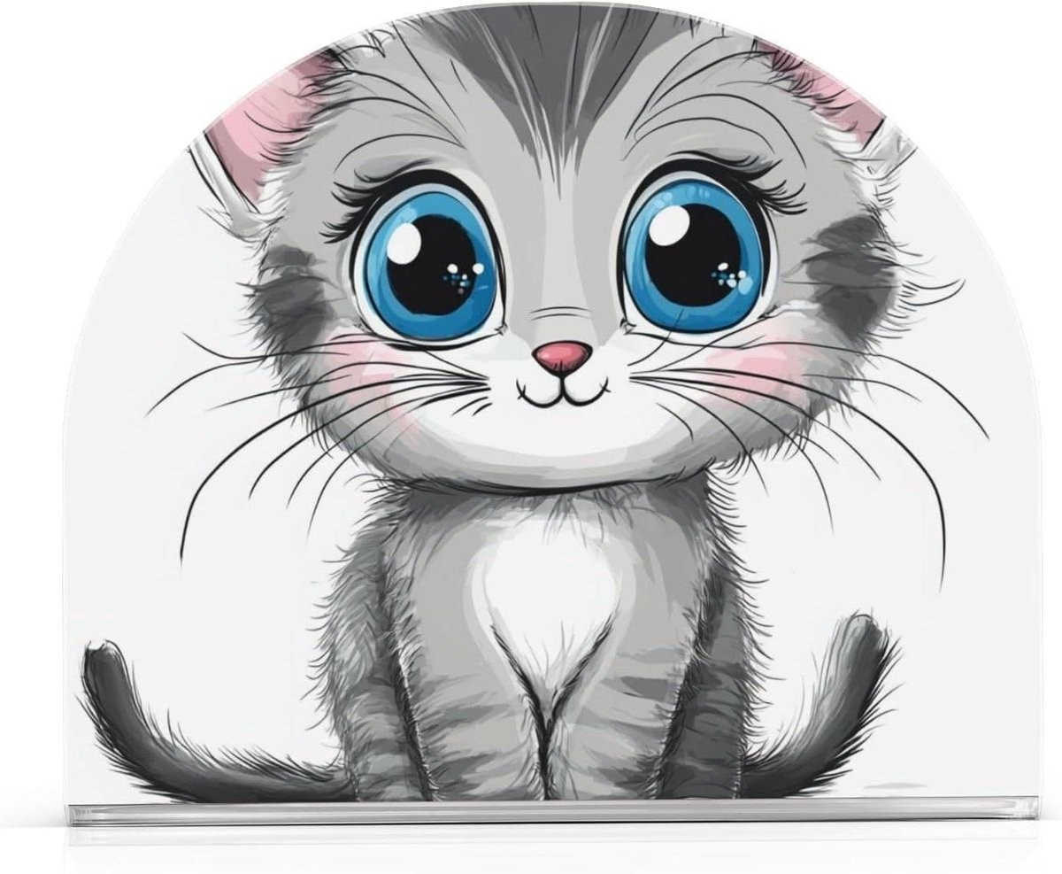 Servethouder Acryl met Kat Cartoon - Vierkante Servetdispenser - Grijs