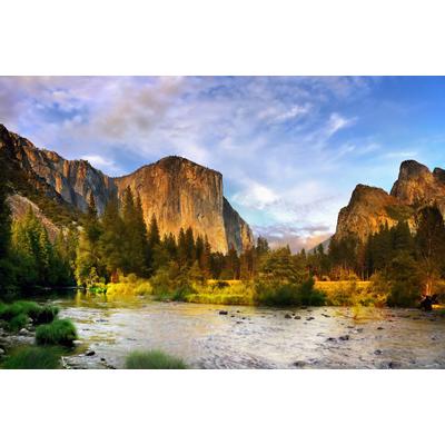 Fototapete PAPERMOON "YOSEMITE TAL-GEBIRGE BLUME BERGE SONNE WALD FLUSS FELSE", bunt, B:3m L:2,23m, Vlies, Tapeten