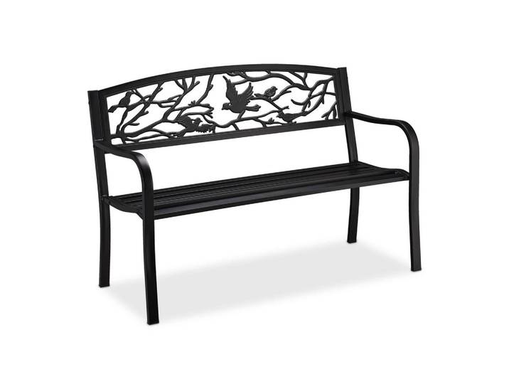 Relaxdays Gartenbank Schwarz 2-Sitzer Vogel Design, Metall, 127x87x57 cm, Gartenmöbel, Gartenbank