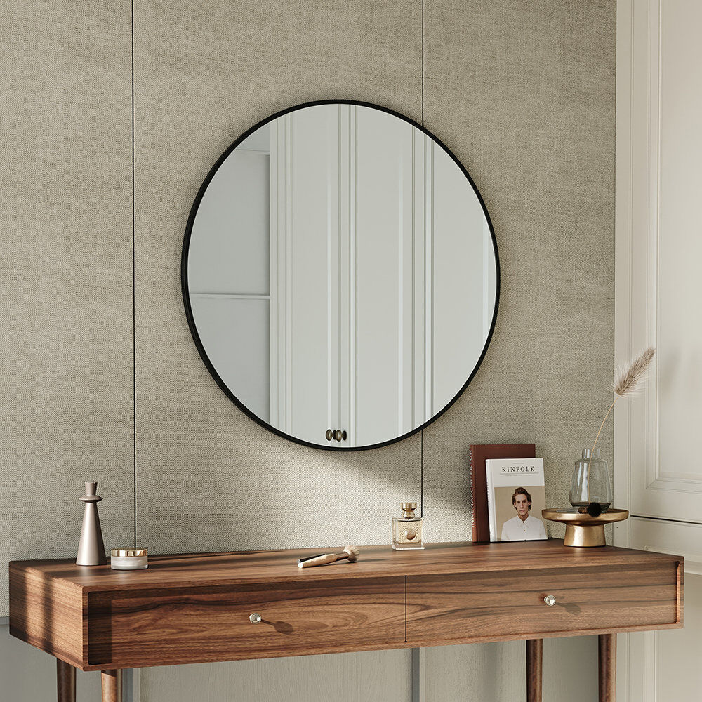 Willa Arlo Interiors Baum Nordic Round Bathroom Framed Mirror Wall Hanging Black 60cm H x 60cm W x 6cm D