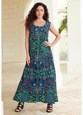 Plus Size Women's Plus Size Sleveless Hand-Crinkled Button-Front A-Line Maxi - Curvy Breezy Dress by Roaman's in Tropical Emerald Mirrored Medallion