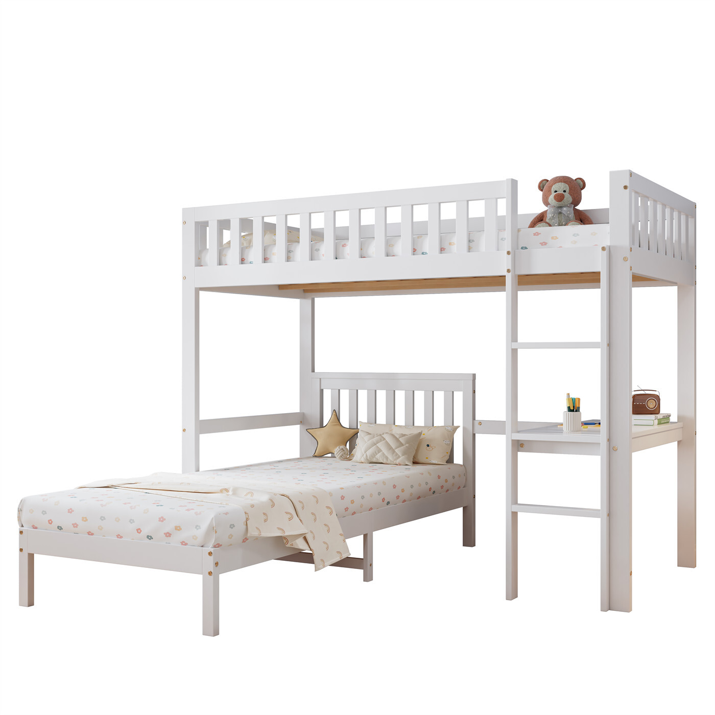 Etagenbett, Kinderbett, mit dreistufiger Leiter, Stabile Lattenroste, Design des Sicherheitszauns, mit Schreibtisch, Rahmen aus Kiefer, Kiefer+MDF