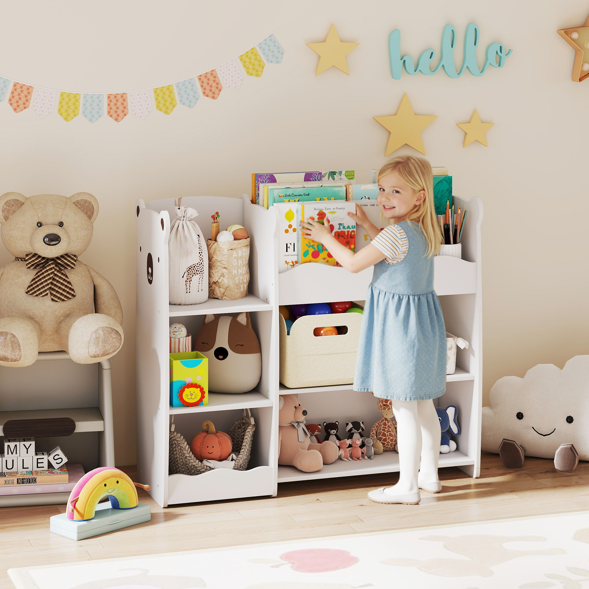 Aiyaplay Scaffale per giocattoli per bambini Ripiani Aperti Scomparti Design Orsetto Organizer per giocattoli Bianco   Aosom Italy
