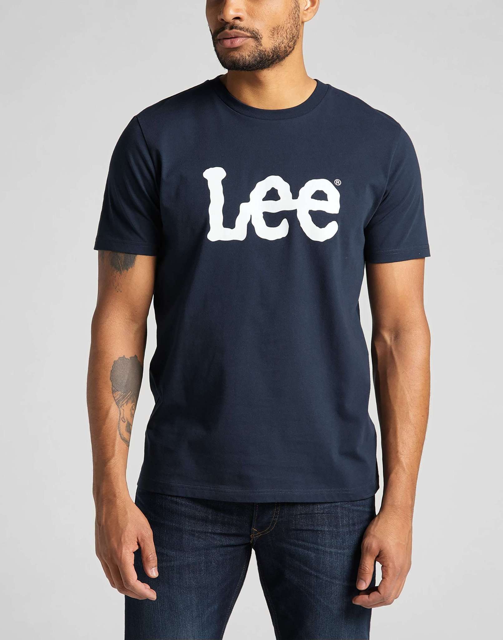 T-Shirt LEE "Lee T-Shirt Wobbly Logo", Herren, Gr. L, blau (dunkelblau), Obermaterial: 100% Baumwolle CO., Shirts T-Shirt dunkelblau L