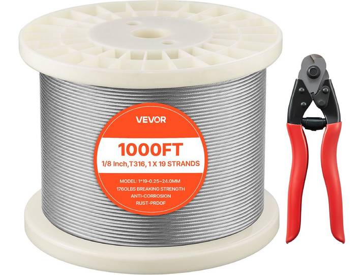 VEVOR Roestvrijstalen Staalkabel Φ3\,2 mm 304\,8 M Lengte\, Staalkabel Gemaakt van Roestvrij Staal 316 met Een Breeksterkte van 798\,3 Kg\, 1x19 Strengen\, Staalkabel voor Terrasleuningen\, Tuinhekken\, Incl. Draadsnijder