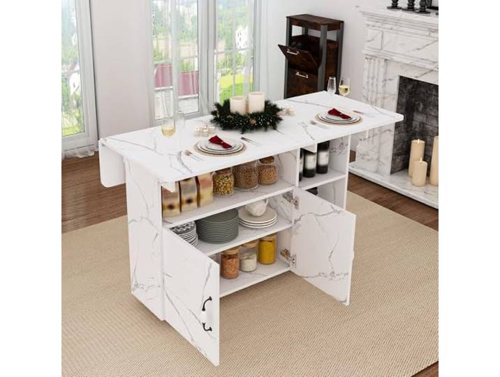 Ropilly klappbarer Esstisch mit Rollen, MDF, Weißmarmoroptik, 110x70 cm Zweiseitige Klappplatten, 5 Ablageböden, Schrankfach und 5 Rollen für Essen, Arbeiten oder Basteln