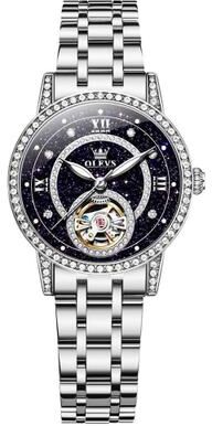 Everyday Crate OLEVS 7036 Womens Mechanical Watch Starry Sky Skeleton Dial Luminous Stainless Steel Dress Watch silver Black