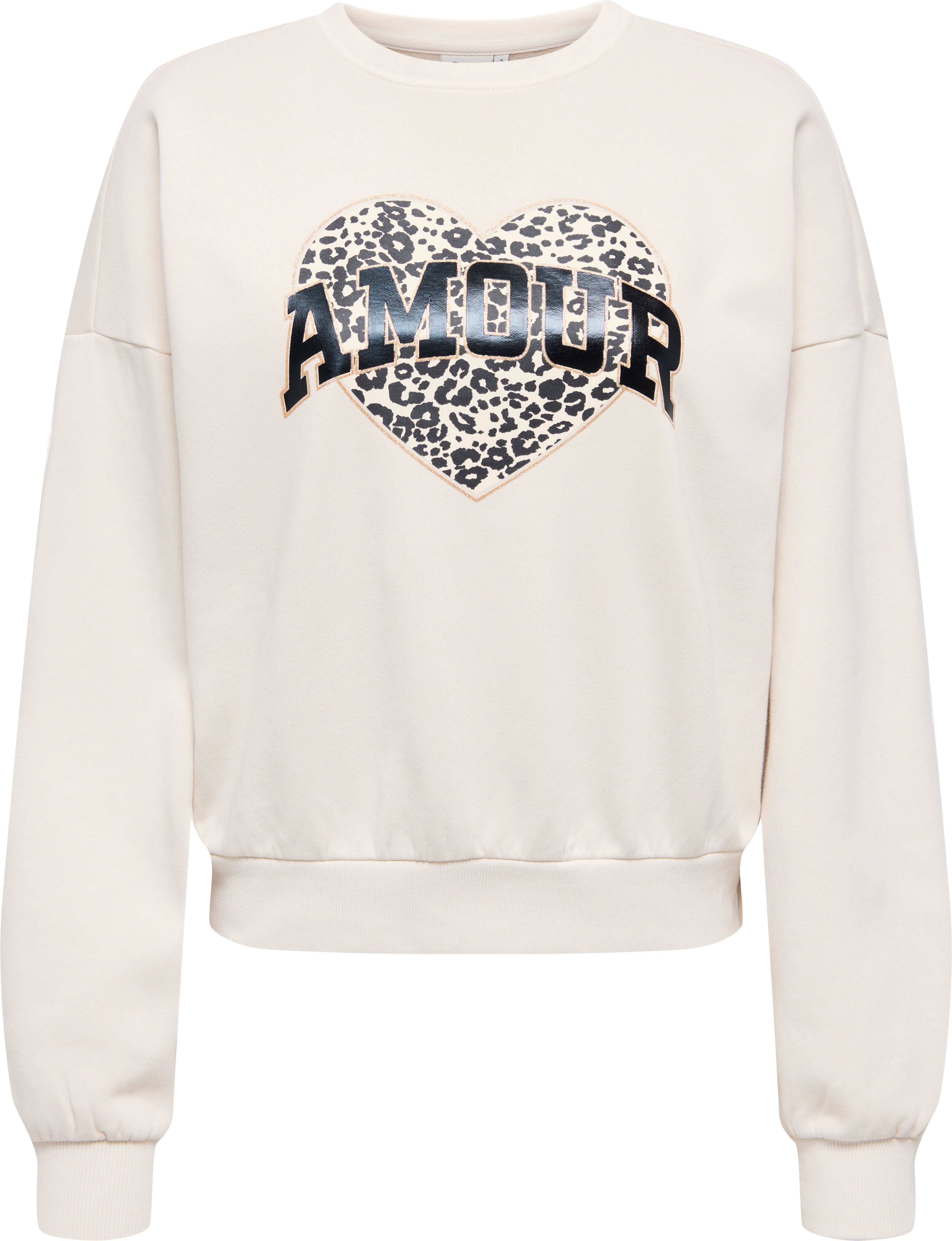Sweatshirt ONLY "ONLLAUREN L/S LEO O-NECK CC SWT", Damen, Gr. L, beige (birch print:amour, lau leo), Sweatware, Obermaterial: 60% Baumwolle, 40% Polyester, regular fit hüftlang, Rundhals, Rippbündchen, Sweatshirts Sweatshirt birch print:amour, lau leo L