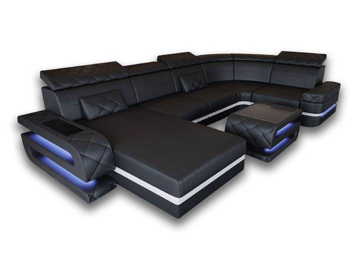 Sofa Dreams Wohnlandschaft Bologna U Form Leder, 6-Sitzer, Couch, opt. Schlaffunktion, Kopfstützen, Farbwechsel-LED