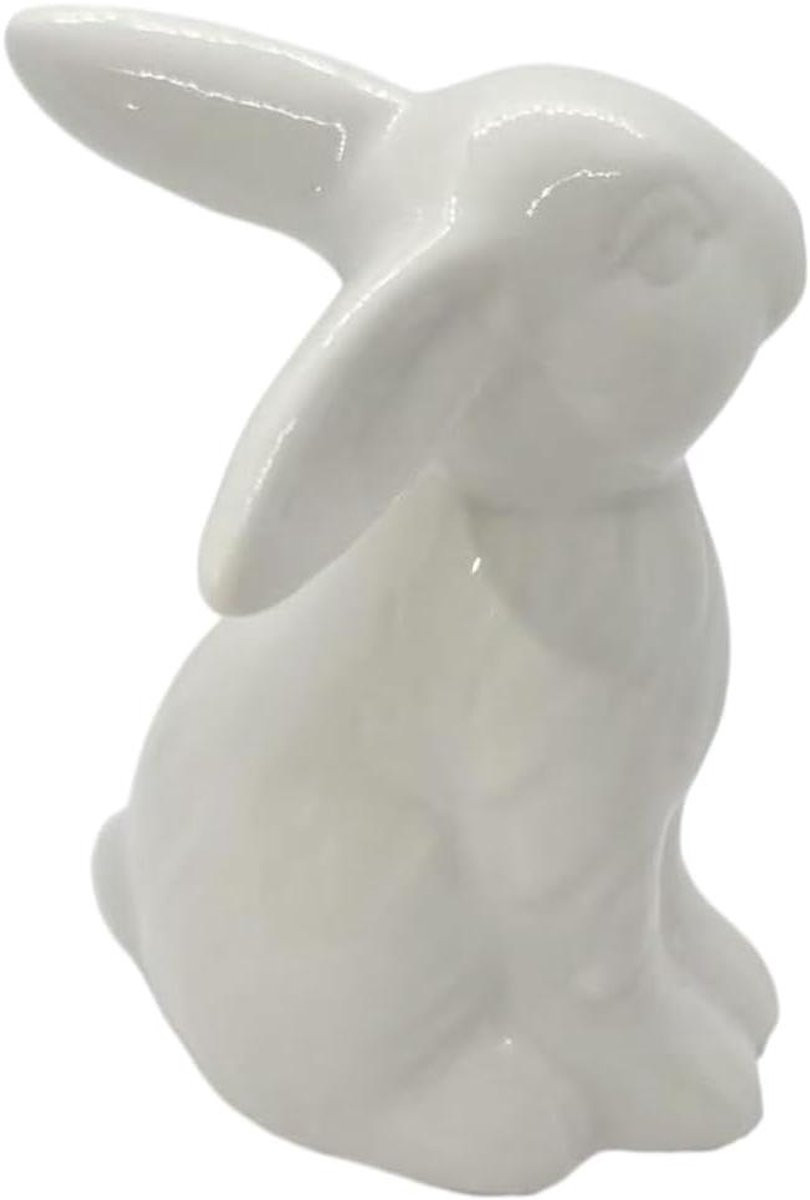 Wit Keramisch Paashaas Beeldje - Konijn Sculptuur voor Woondecoratie - 8.4 x 12.4 cm