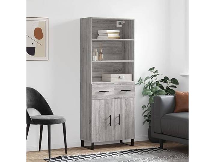 RJPLMFV Anrichte hoch, Sonoma, Grau, 180 cm, Holz Flügeltür, Metallfüße, geräumige Aufbewahrung, Wandbefestigung inklusive