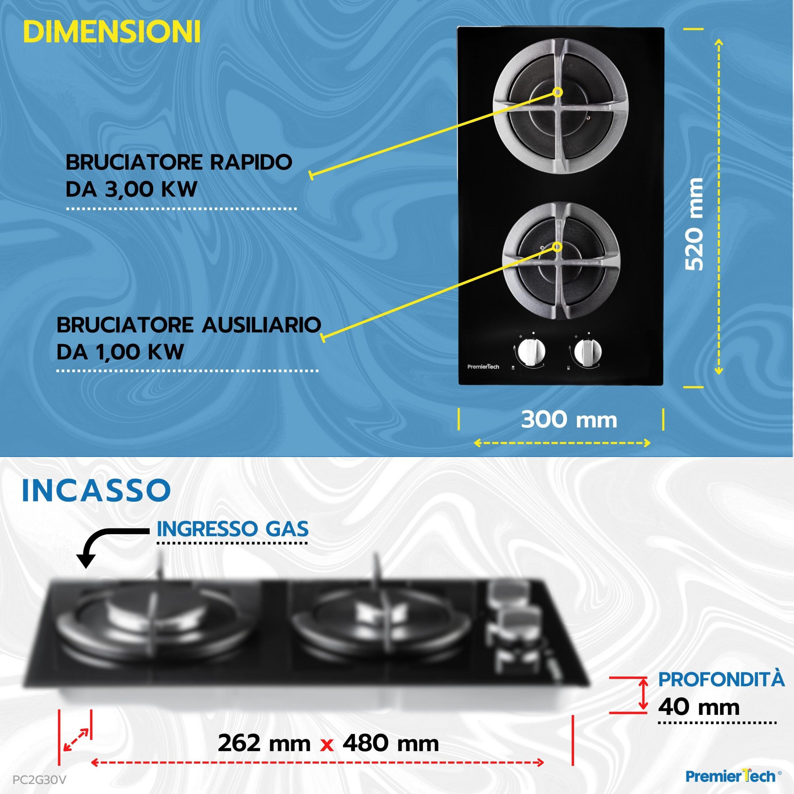 PremierTech® PremierTech PC2G30V Piano cottura a gas 2 fuochi 30cm Vetro