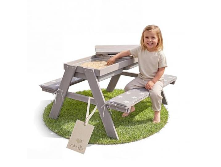 roba Kinder Outdoor+ Sitzgruppe mit 2 Spielwannen & Sitzkissen – Kindersitzgruppe aus Massivholz – Matschtisch für Sand & Wasser – Grau