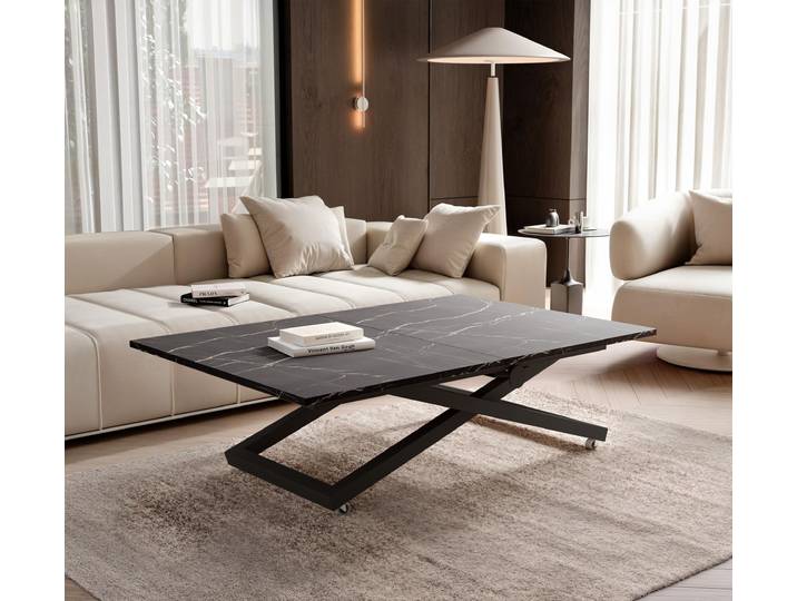 Table basse extensible ARIA\, réglable en hauteur\, table pour salon\, table multifonctionnelle – Noir / Pietra Grigia