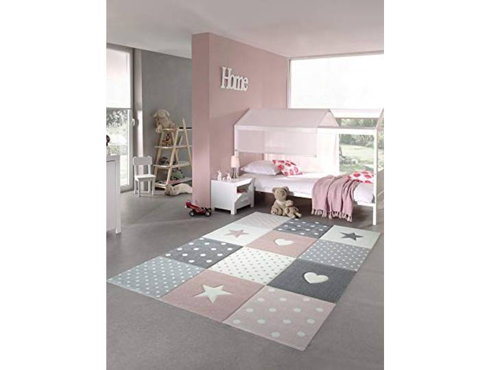 CARPETIA Kinderteppich Herz-Stern-Muster Rosa Creme Grau 160x230 cm Weich, pflegeleicht, strapazierfähig und allergikergeeignet, handgeschnittene 3D-Optik, OEKO-TEX geprüft, schadstofffrei