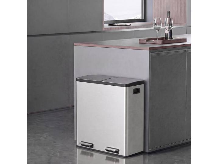 HOMCOM Poubelle Double 2x30L Cuisine Pédale Acier Inox Argenté