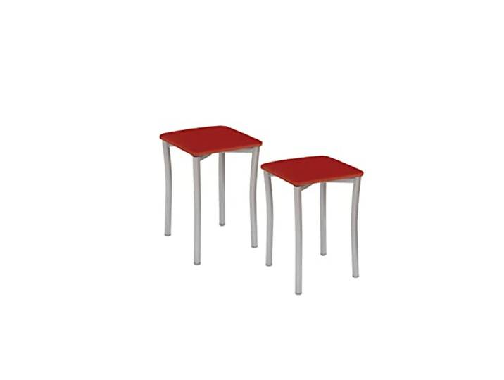 ASTIMESA Zwei Küchenhocker mit runden Beinen und rotem Kunstlederbezug.