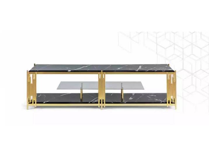 JVmoebel TV-Schrank Eleganter schwarzer TV-Ständer mit gläsernen Türen und goldenen Füßen (1-St., TV-Ständer) Made in Europa